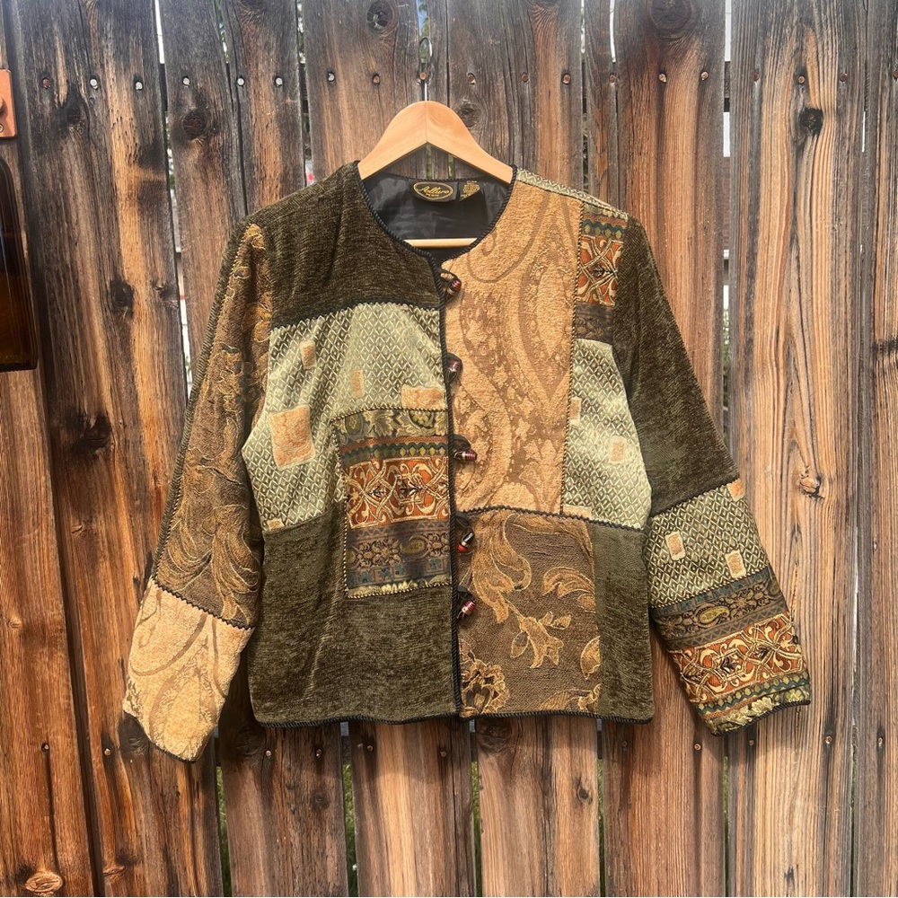 Vintage Allure grandma style patchwork sweater jacket, size M petite
